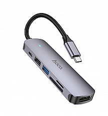 Переходник HOCO HB28 TYPE-C, HDMI+USB3.0+SD+TF, серый