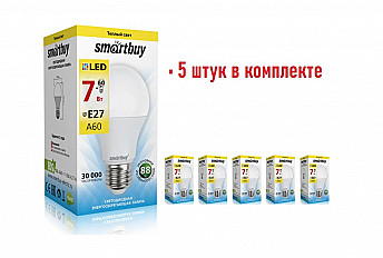 Светодиодная лампа Smartbuy E27 7Вт (SBL-A60-07-30K-E27-N) теплый, упаковка 5 шт.