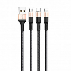 Кабель HOCO X26 2A, 3 в 1 - Micro USB, Type-C, Lightning 8 pin, черный-золотой