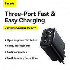 Сетевое зарядное устройство Baseus Compact Charger 17W 3xUSB-A (CCXJ020101) черный