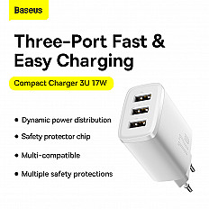 Сетевое зарядное устройство Baseus Compact Charger 17W 3xUSB-A (CCXJ020102) белый