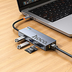 Переходник HOCO HB52 для разъема USB-C, выходы USB3.0*2/Card/USB-C/PD/HDTV/RJ45, серый