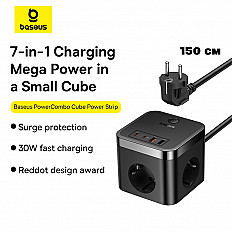 Сетевое зарядное устройство Baseus Power 30W, 7 в 1, 2хUSB-C, 2хUSB-A, 3 розетки (E00066400117-00)