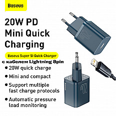 Сетевое зарядное устройство Baseus Super Si 20W USB-C + кабель Lightning 8pin, (TZCCSUP-B03) синий