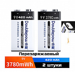 Аккумуляторная батарейка крона Doublepow 9V, 3780mWh, 420mAh, 2 штуки