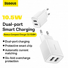 Сетевое зарядное устройство Baseus Compact 10.5W 2xUSB-A (CCXJ010202) белый